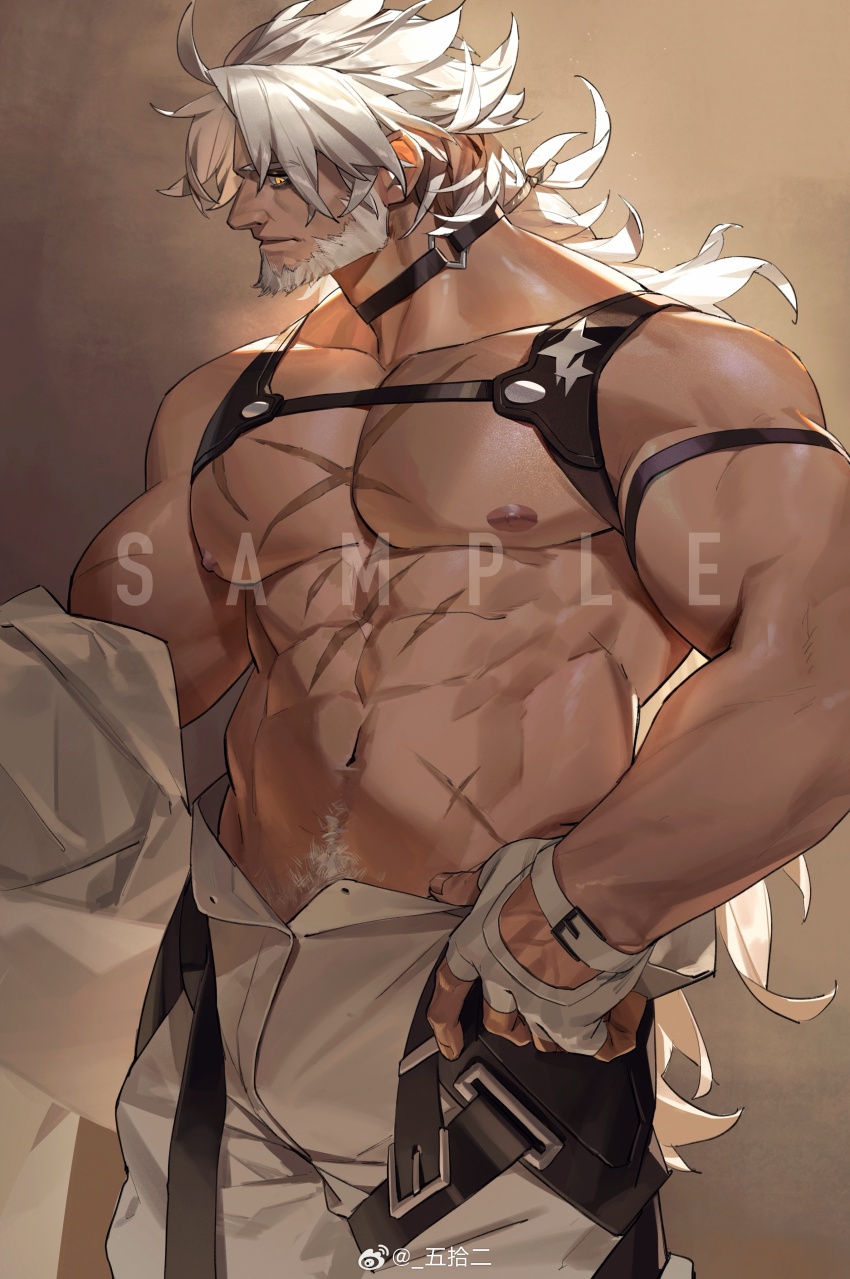 1boy, abs, absurdres, alchemy_stars, bara, bare_pectorals, beard, bulge
