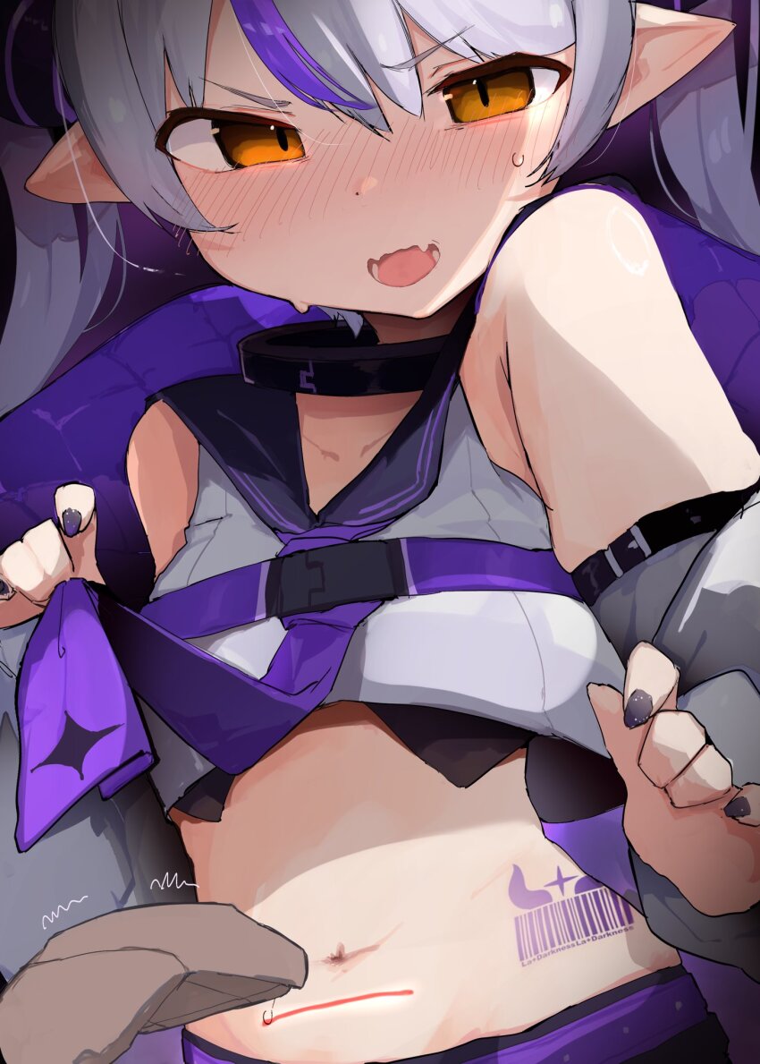 1girl, barcode, barcode_scanner, barcode_tattoo, black_nails, blush, burusuka_(burusuka2525), collar