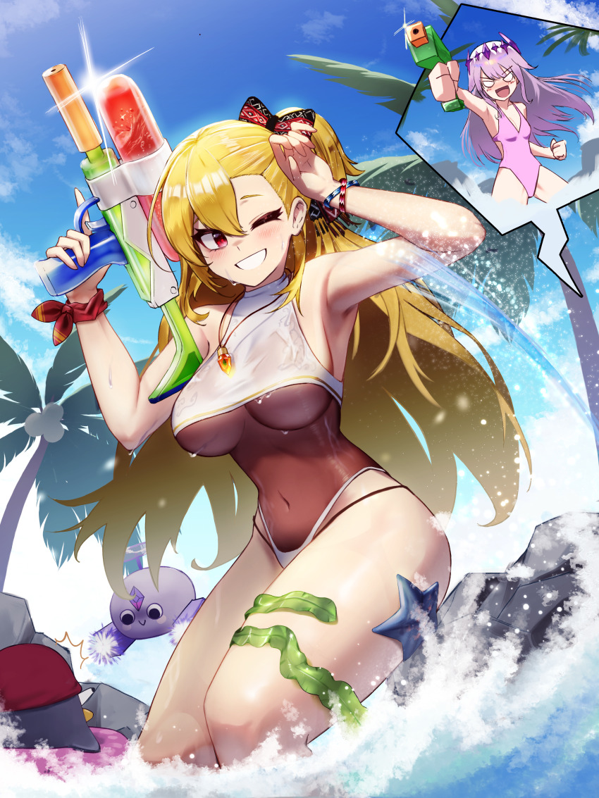 2girls, ^^^, absurdres, alternate_costume, asymmetrical_bangs, bare_legs, black_bow, blonde_hair