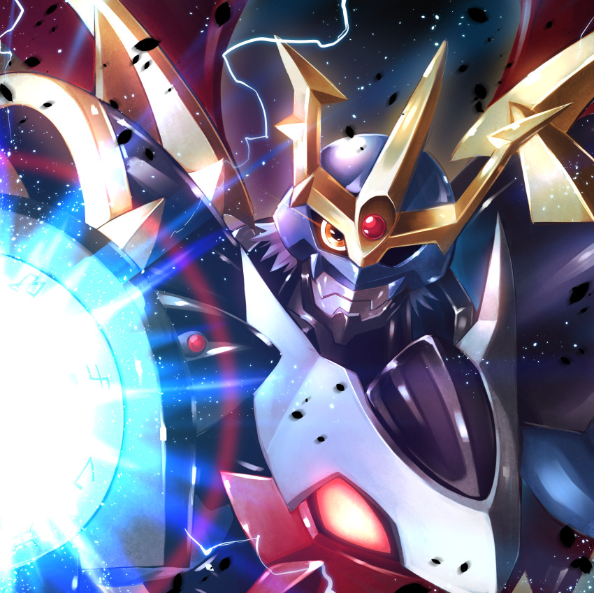 aiming, aiming_at_viewer, arm_cannon, arm_mounted_weapon, armor, black_armor, blue_helmet, brown_eyes