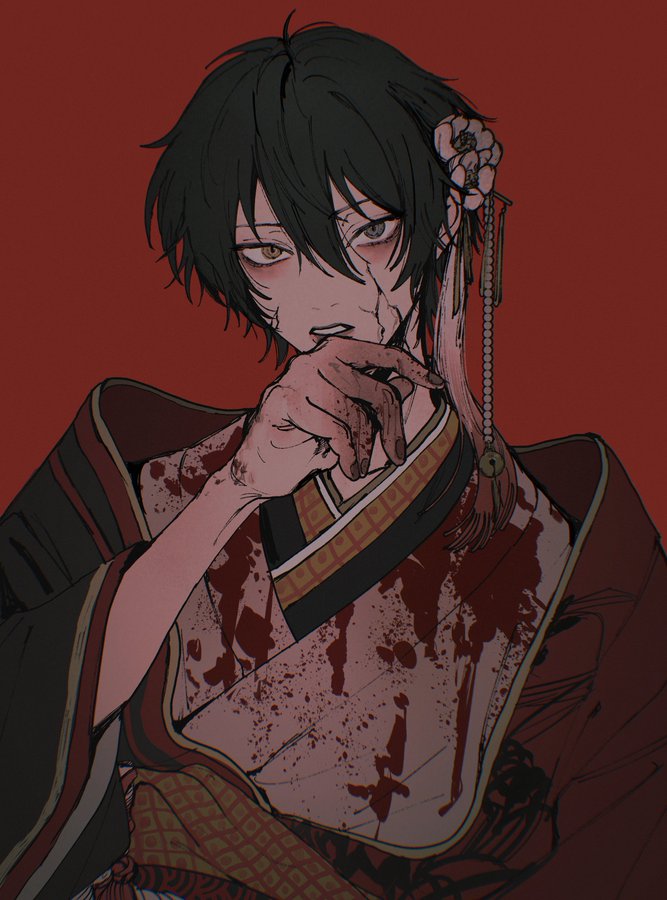 1boy, bell, black_hair, blood, blood_on_clothes, cracked_skin, do_toku_rinri, double-parted_bangs