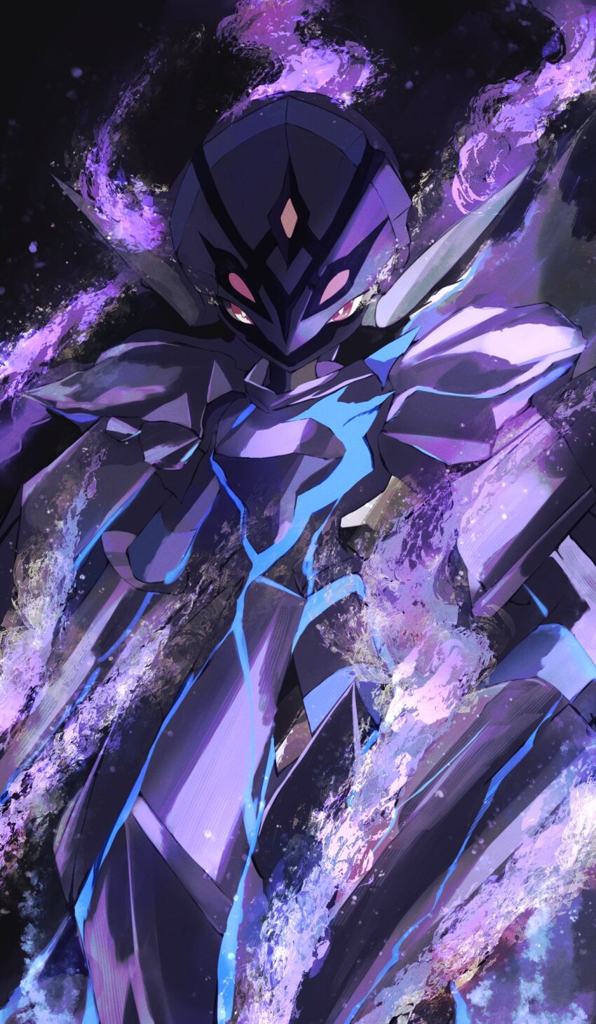 arm_blade, armor, black_background, ceruledge, fire, helmet, highres, looking_at_viewer