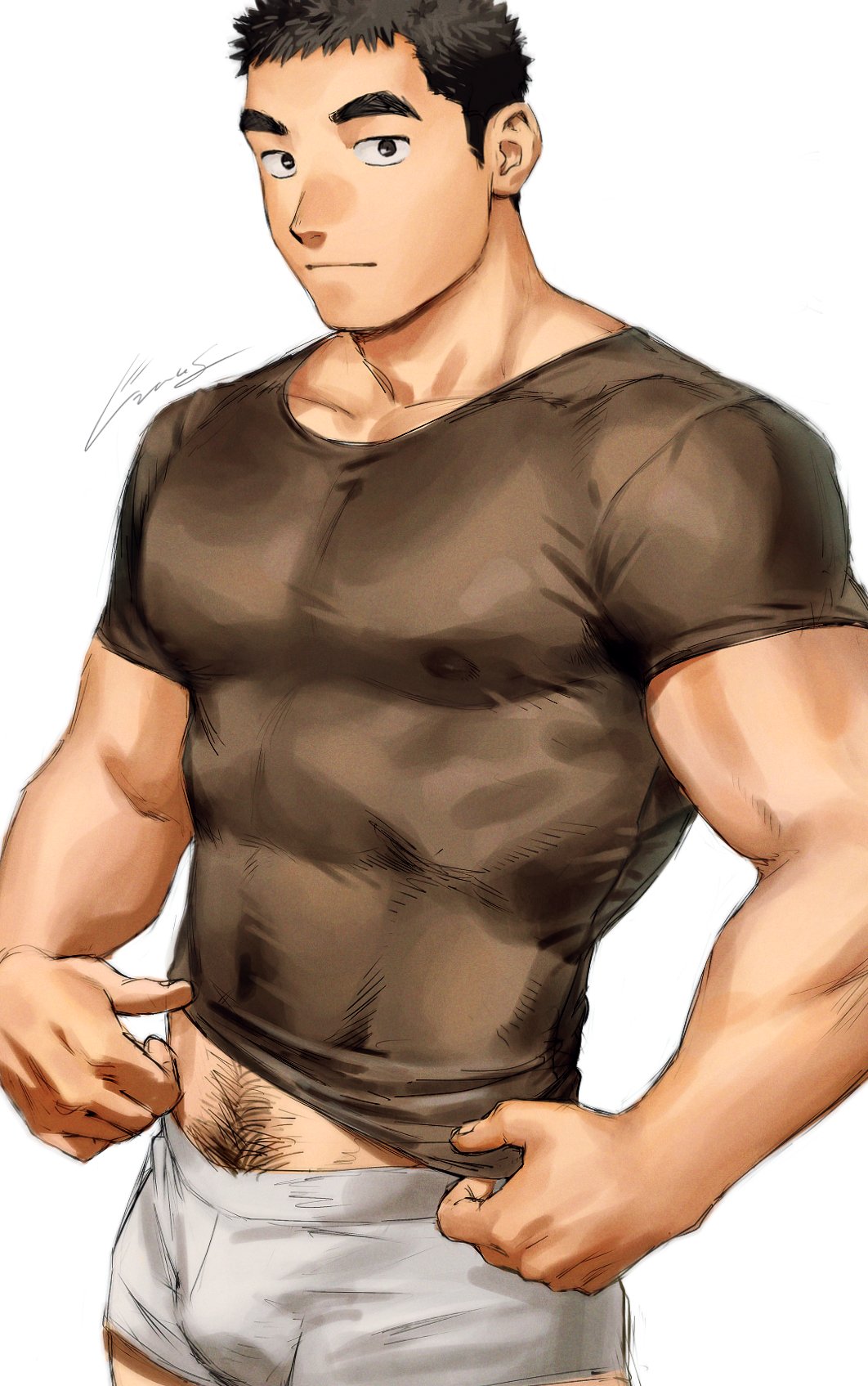1boy, bara, boxer_briefs, bulge, covered_erect_nipples, cowboy_shot, expressionless, gentle2nd