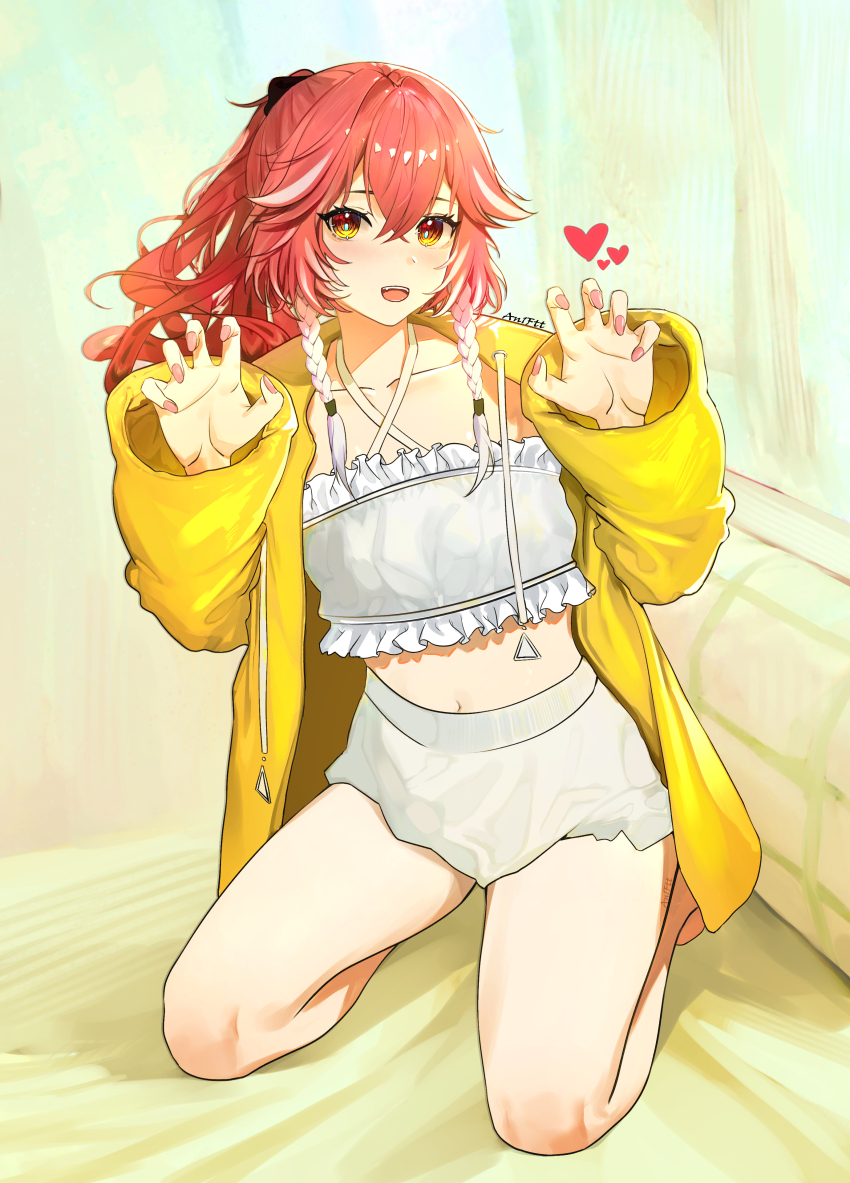 1girl, absurdres, alternate_costume, artist_name, black_bow, blush, bow, braid, bright_pupils, changli_(wuthering_waves), check_commentary, chinese_commentary, collarbone, commentary_request, criss-cross_straps, hair_between_eyes, hair_bow, hair_extensions, hair_intakes, hands_up, heart, herat, highres, hood, hoodie, indoors, kneeling, long_hair, looking_at_viewer, lsh1ne, midriff, multicolored_hair, nail_polish, navel, on_bed, open_clothes, open_hoodie, open_mouth, partial_commentary, pink_hair, pink_nails, ring_hair_extensions, shorts, solo, strapless, teeth, tube_top, twin_braids, two-tone_hair, upper_teeth_only, very_long_hair, white_hair, white_pupils, white_shorts, white_tube_top, wuthering_waves, yellow_eyes, yellow_hoodie