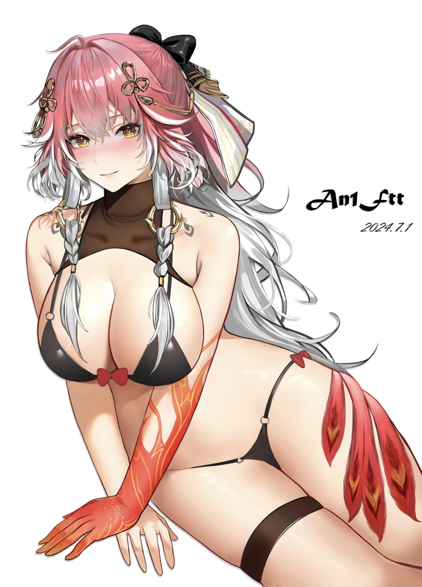 1girl, 2024, absurdres, ahoge, artist_name, bikini, black_bikini, black_bow