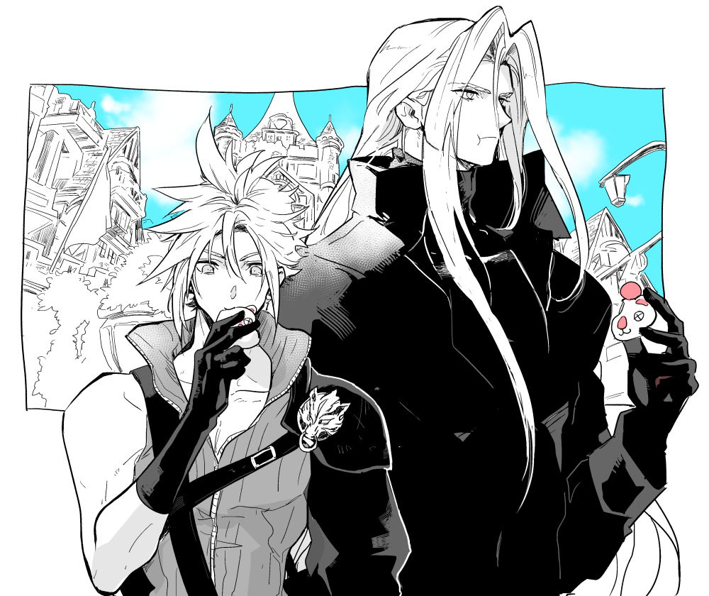 2boys, armor, black_gloves, black_jacket, black_sleeves, blue_sky, border, city