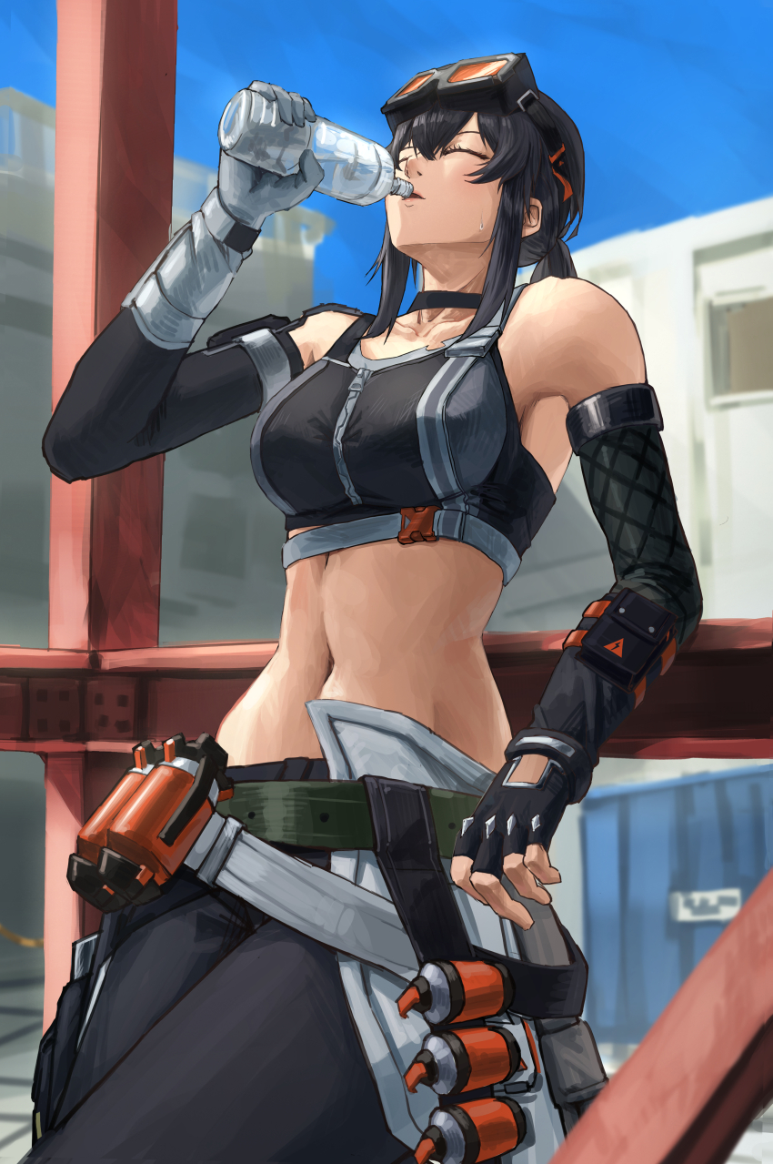 1girl, absurdres, ahoge, arm_pouch, arm_warmers, armpits, asymmetrical_gloves, belt