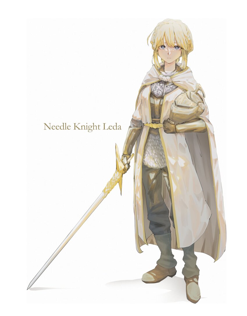 1girl, absurdres, armor, braid, brown_footwear, cape, character_name, closed_mouth