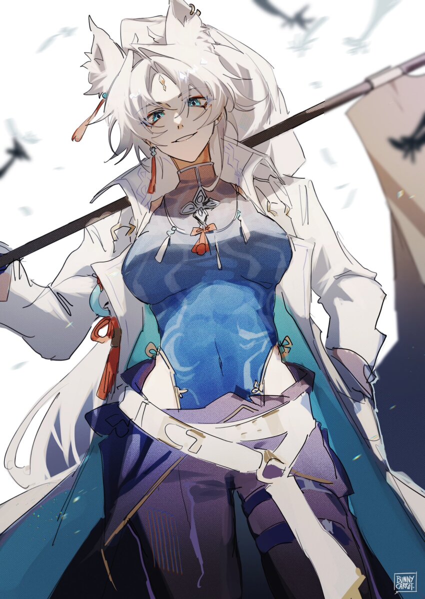 1girl, alternate_costume, animal_ears, bare_hips, belt, bird, blurry, blurry_background, chinese_clothes, clothing_cutout, coat, collared_coat, covered_navel, earrings, eyeliner, feixiao_(honkai:_star_rail), flag, forehead_jewel, green_eyes, head_tilt, high_collar, high_ponytail, highres, hip_vent, holding, honkai:_star_rail, honkai_(series), jewelry, long_hair, long_sleeves, looking_at_viewer, loose_belt, makeup, milktea543, motion_blur, navel, open_clothes, open_coat, parted_bangs, ponytail, single_earring, smile, solo, standing, teeth, watermark, white_background, white_coat, white_hair