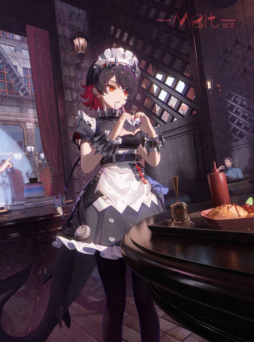 1girl, absurdres, bar_(place), black_hair, black_pantyhose, breasts, colored_inner_hair, curtains, earrings, ellen_joe, fingernails, fins, fish_tail, food, hair_between_eyes, heart, heart_hands, highres, indoors, jewelry, lamp, large_breasts, maid, maid_headdress, meirong, multicolored_hair, nail_polish, open_mouth, pantyhose, red_eyes, red_hair, red_nails, shark_tail, sharp_teeth, short_hair, sidelocks, solo, standing, table, tail, teeth, window, zenless_zone_zero
