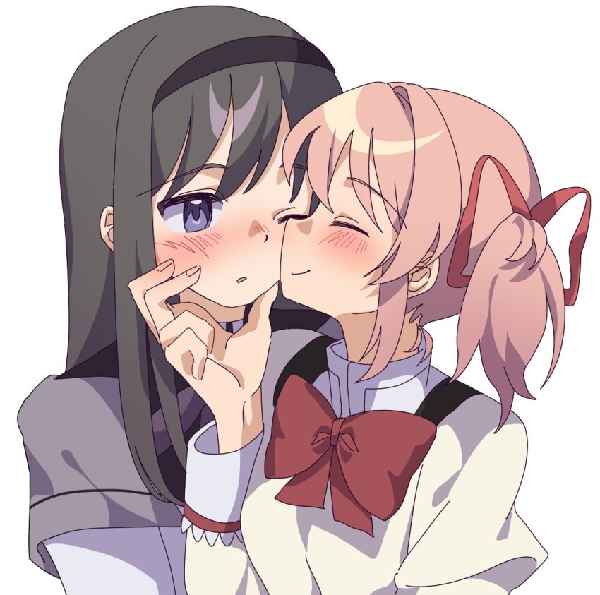 2girls, akemi_homura, akemi_homura_(magical_girl), black_hair, blush, bow, bowtie, closed_eyes, grabbing_another's_face, head_grab, highres, kaname_madoka, kiss, kissing_cheek, kuro_miumu, long_hair, magical_girl, mahou_shoujo_madoka_magica, mitakihara_school_uniform, multiple_girls, one_eye_closed, pink_hair, purple_eyes, red_bow, red_bowtie, school_uniform, short_hair, short_twintails, sidelocks, twintails, white_background, yuri