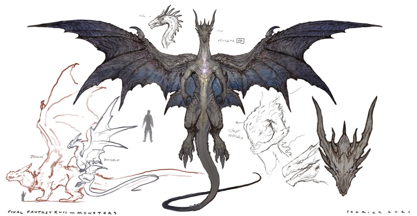 animal_focus, art_study, artist_name, bahamut_(final_fantasy), character_name, claws, commentary, concept_art, dragon, english_commentary, final_fantasy, full_body, highres, horns, john_tedrick, monster, multiple_views, no_humans, original, scales, simple_background, size_comparison, tail, western_dragon, white_background, wings