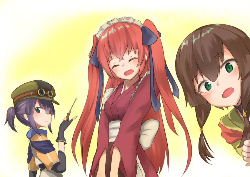 3girls, apron, azu_ankoowl, black_gloves, blue_eyes, blue_kimono, bob_cut, closed_eyes