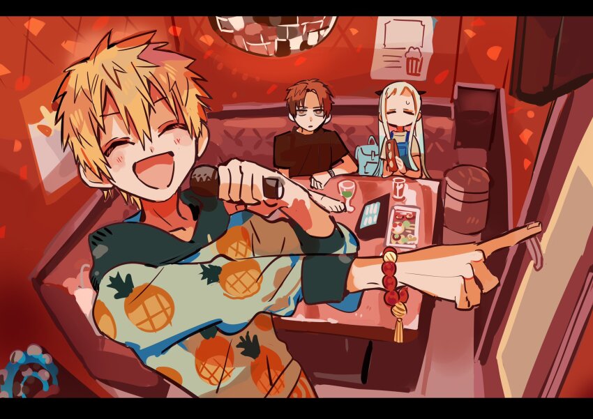 1girl, 2boys, :d, =_=, ^_^, against_table, aoi_akane, arm_rest, backpack, bag, bead_bracelet, beads, behind_another, blue_bag, booth_seating, bracelet, bright_pupils, chair, closed_eyes, disco_ball, door, drink, facing_viewer, hand_rest, hands_up, hanoyuta, highres, holding, holding_instrument, holding_microphone, hood, hood_down, hoodie, indoors, instrument, jewelry, jibaku_shounen_hanako-kun, karaoke, letterboxed, light_blush, looking_at_another, male_focus, menu, microphone, minamoto_kou, multiple_boys, music, no_eyewear, official_art, on_chair, open_mouth, ottoman_(furniture), outstretched_arm, overalls, pineapple_print, pointing, poster_(object), red_eyes, singing, sitting, sketch, sleeve_cuffs, smile, solo_focus, sweatdrop, table, tambourine, unworn_backpack, unworn_bag, white_pupils, yashiro_nene
