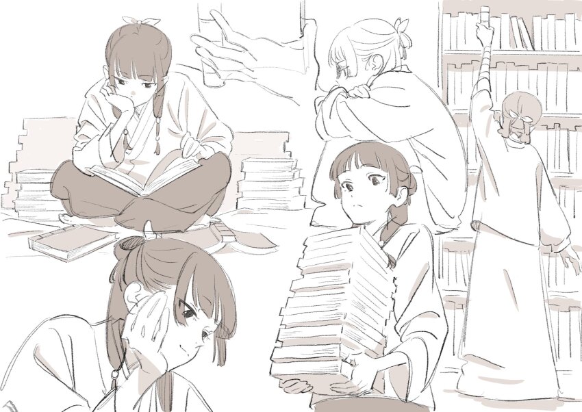 1girl, arm_up, bandaged_arm, bandages, book, book_stack, bookshelf, chinese_clothes, dangomochi2, frown, hand_on_own_cheek, hand_on_own_face, highres, holding, holding_book, kusuriya_no_hitorigoto, long_sleeves, maomao_(kusuriya_no_hitorigoto), monochrome, open_book, reading, short_hair, sidelocks, sitting, solo