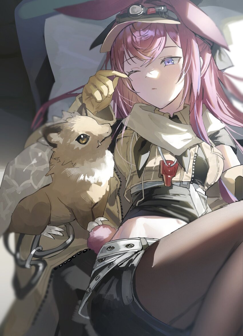 1girl, animal, animal_ears, arknights, bed, black_shirt, black_shorts, blanket, blush, brown_jacket, brown_pantyhose, feet_out_of_frame, frown, gloves, highres, jacket, long_hair, looking_to_the_side, lying, on_back, one_eye_closed, pantyhose, pantyhose_under_shorts, pillow, pimi, purple_eyes, purple_hair, rabbit_ears, ray_(arknights), scarf, shirt, short_sleeves, shorts, sleeveless, sleeveless_jacket, solo, visor_cap, yellow_gloves