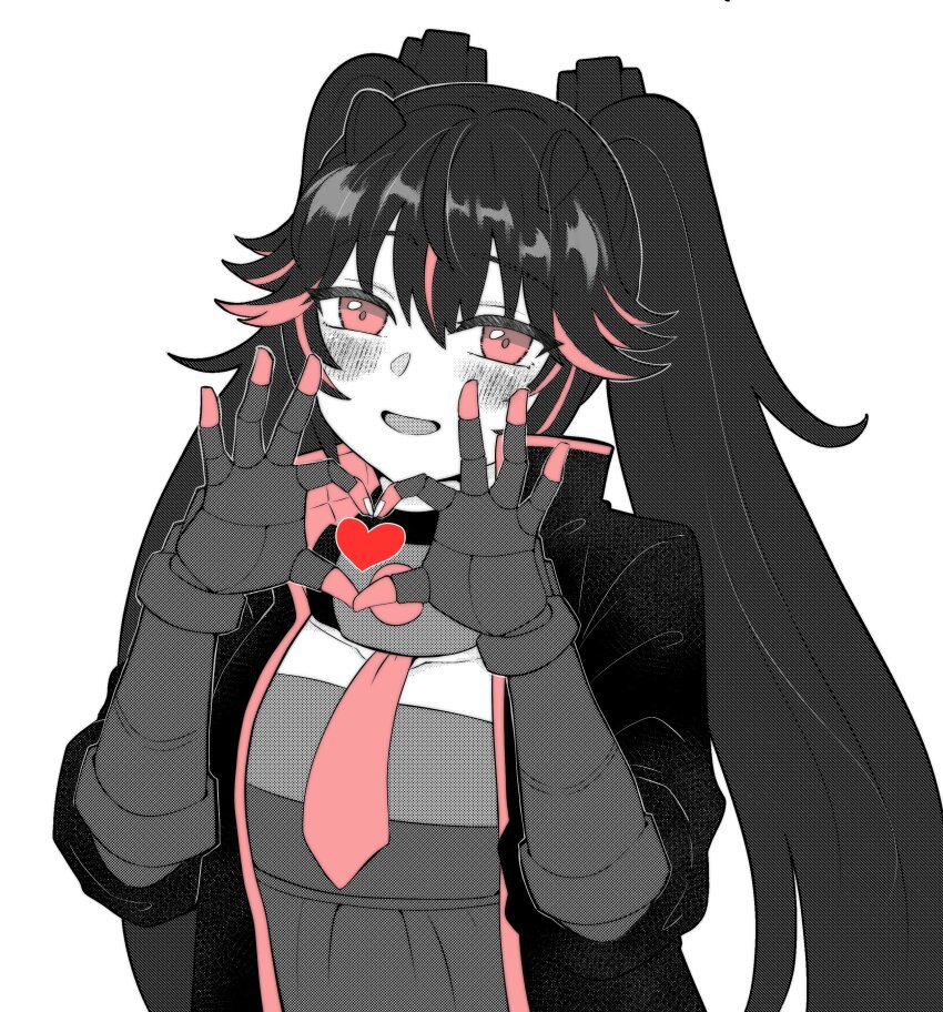 absurdres, blush, collar, dress, greyscale, heart, heart_hands, highres, jacket, long_hair, lucia:_plume_(pgr), lucia_(pgr), mechanical_hands, monochrome, necktie, open_mouth, punishing:_gray_raven, red_eyes, red_necktie, sion_apg, small_horns, spot_color, twintails