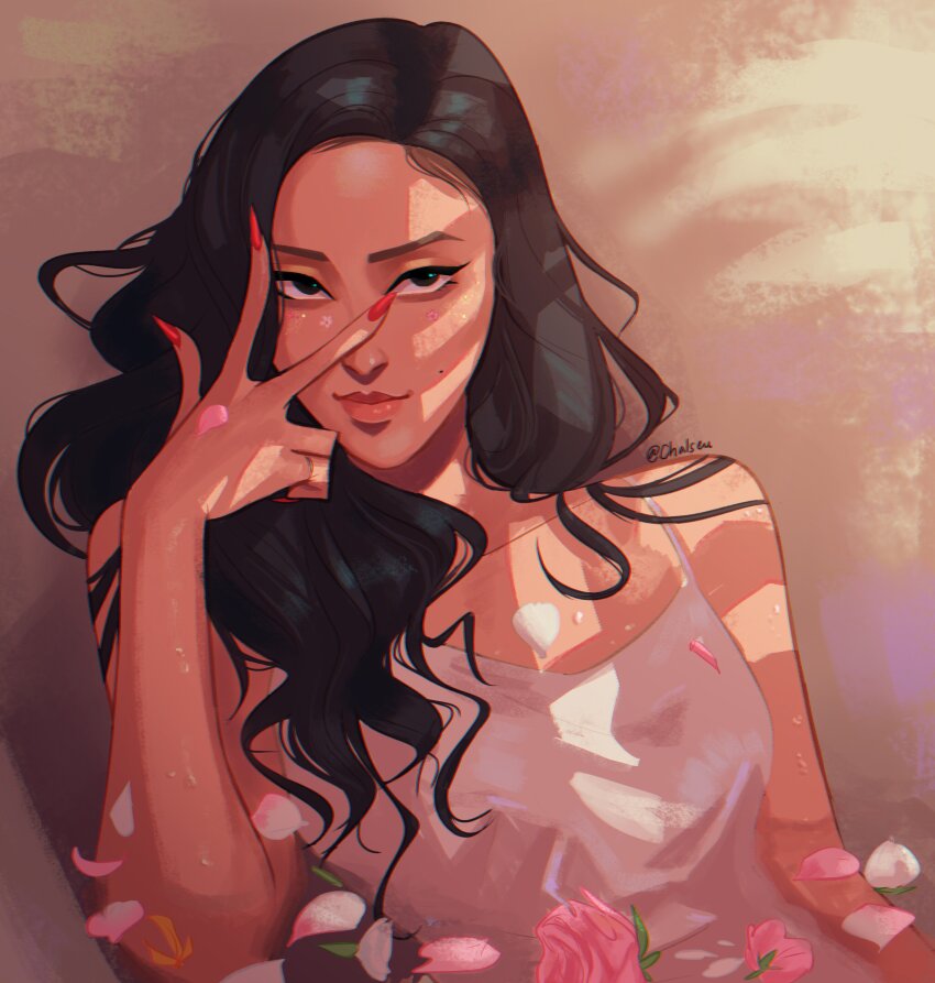 1girl, absurdres, black_hair, chalseu, closed_mouth, commentary, crack_of_light, dress