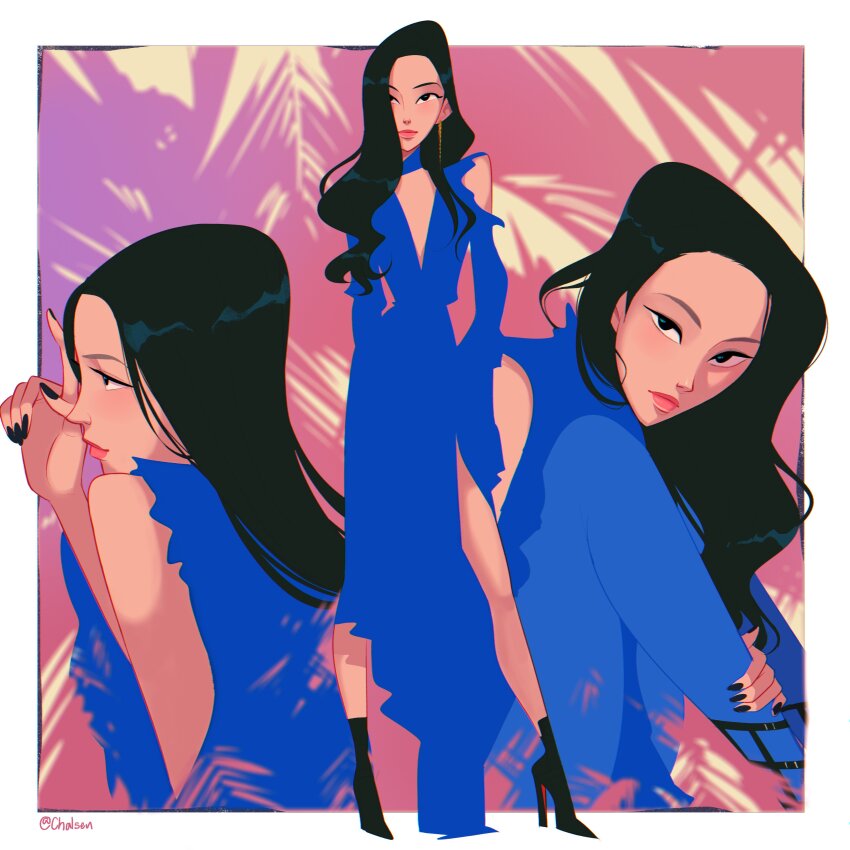 1girl, absurdres, black_hair, black_nails, blue_dress, boots, chalseu, closed_mouth