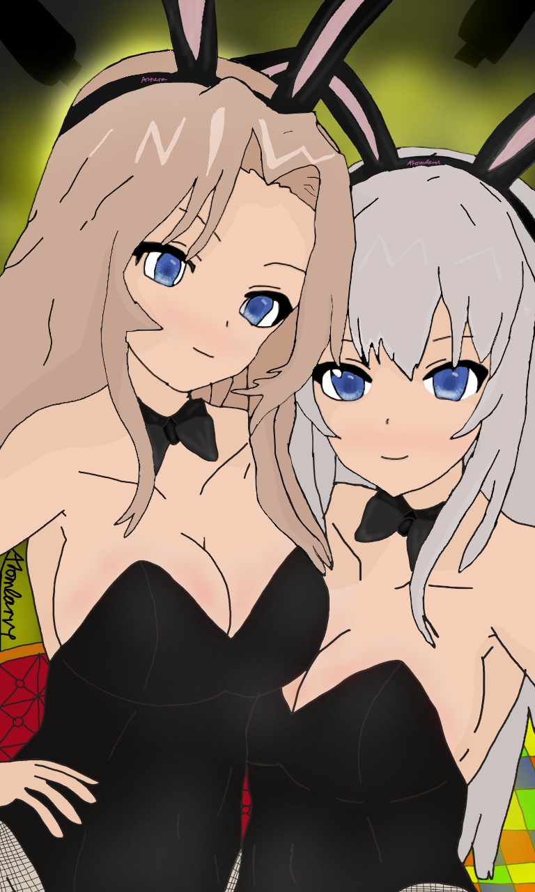 animal_ears, atomlarve, blue_eyes, girls_und_panzer, highres, itsumi_erika, kay_(girls_und_panzer), long_hair, non-web_source, rabbit_ears