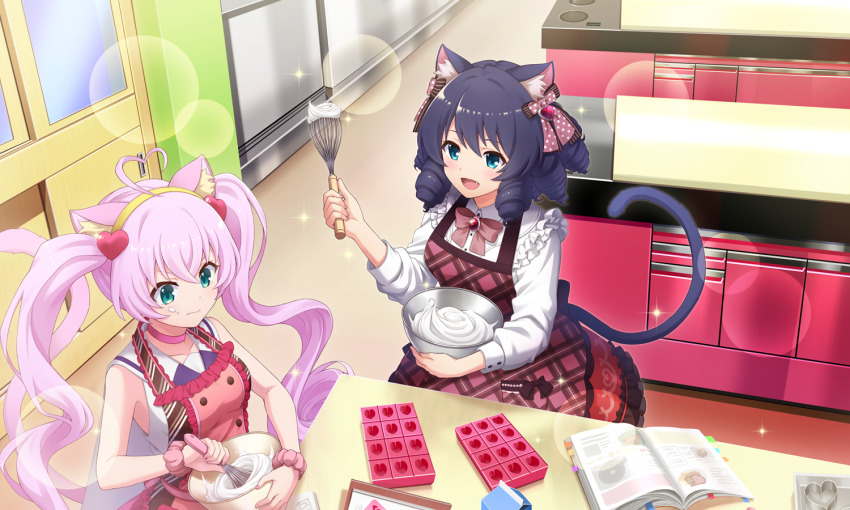 2girls, ahoge, animal_ear_fluff, animal_ears, apron, artist_request, baking, blue_eyes, blue_hair, book, bow, bowl, bowtie, cake_pan, cat_ears, cat_girl, cat_tail, chocolate_making, choker, collared_shirt, cookie_cutter, cyan_(show_by_rock!!), drill_hair, fang, food, food_on_face, frilled_apron, frilled_shirt, frills, from_above, glint, hair_bow, hairband, heart, heart_ahoge, holding, holding_bowl, holding_whisk, indoors, lens_flare, long_hair, multiple_girls, official_art, open_book, open_mouth, pink_apron, pink_bow, pink_bowtie, pink_choker, pink_hair, rosia_(show_by_rock!!), scrunchie, shirt, short_hair, show_by_rock!!, smile, sparkle, table, tail, third-party_source, twintails, whisk, white_shirt, wrist_scrunchie, yellow_hairband