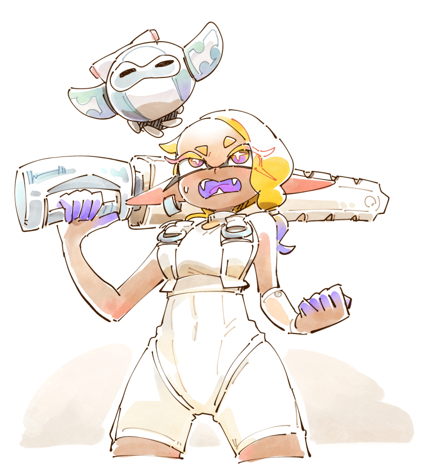 1boy, 1girl, agent_8_(splatoon), agent_8_(splatoon)_(cosplay), asymmetrical_hair, bare_shoulders, big_man_(splatoon), blonde_hair