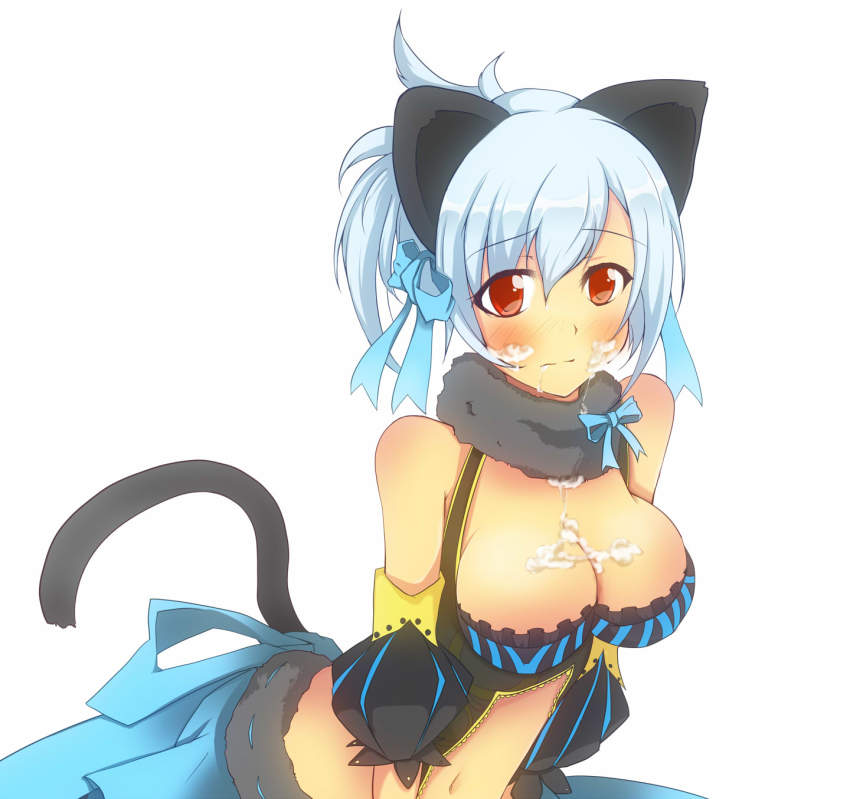 1girl, animal_ears, bad_id, bad_pixiv_id, blue_hair, blush, breasts, cat_ears, cat_tail, character_request, cleavage, collar, cream, fantasy_earth_zero, female_focus, hair_ribbon, highres, midriff, navel, red_eyes, ribbon, sexually_suggestive, solo, suggestive_fluid, suu2501, suu2510, tail