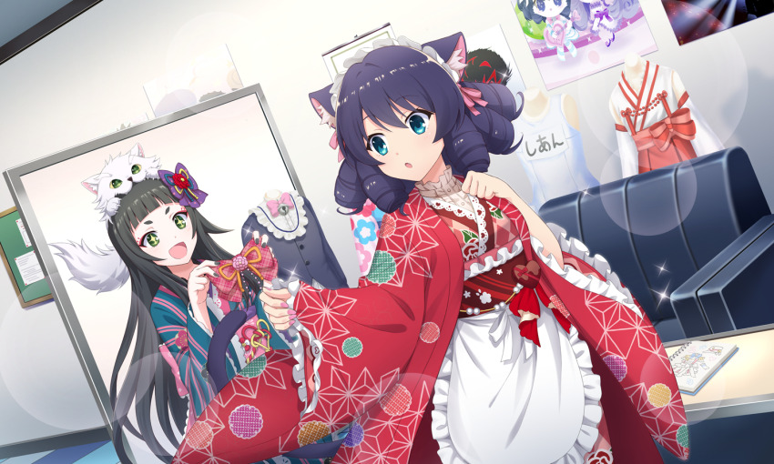 +_+, 2girls, :d, :o, animal, animal_ear_fluff, animal_ears, animal_on_head