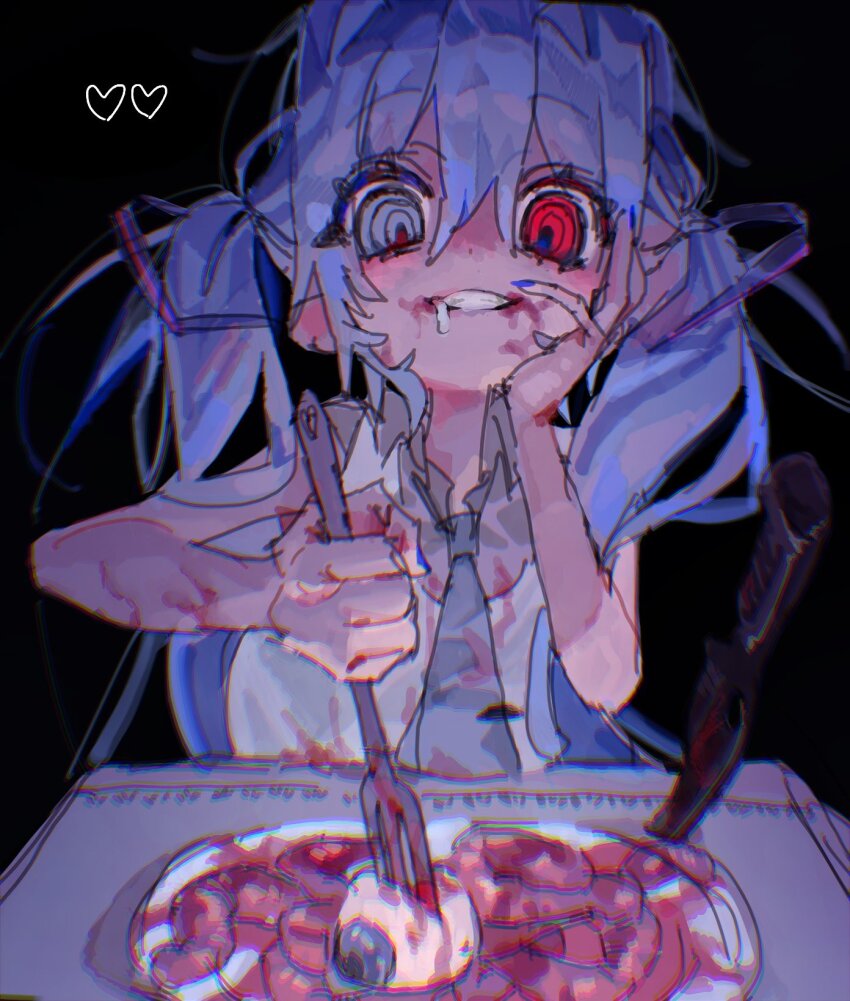 1girl, alternate_eye_color, ao_6336, apron, binomi_(vocaloid), black_background, blood, blood_on_clothes, blood_on_face, blue_hair, blue_nails, blue_necktie, cannibalism, collared_shirt, commentary_request, crazy, crazy_eyes, crazy_grin, drooling, eyeball, fork, grey_eyes, grey_shirt, grin, hand_on_own_cheek, hand_on_own_face, hatsune_miku, heart, heterochromia, highres, holding, holding_fork, intestines, knife, looking_at_food, necktie, planted, planted_knife, planted_weapon, plate, red_eyes, ringed_eyes, shirt, simple_background, sleeveless, sleeveless_shirt, smile, solo, table, twintails, upper_body, vocaloid, weapon, white_apron