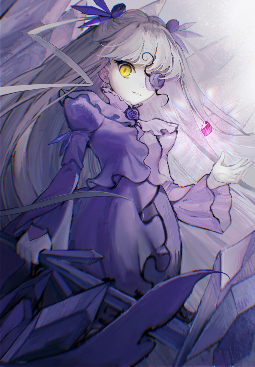 1girl, barasuishou, commentary_request, crystal_hair_ornament, feet_out_of_frame, flower, flower_eyepatch, frilled_shirt