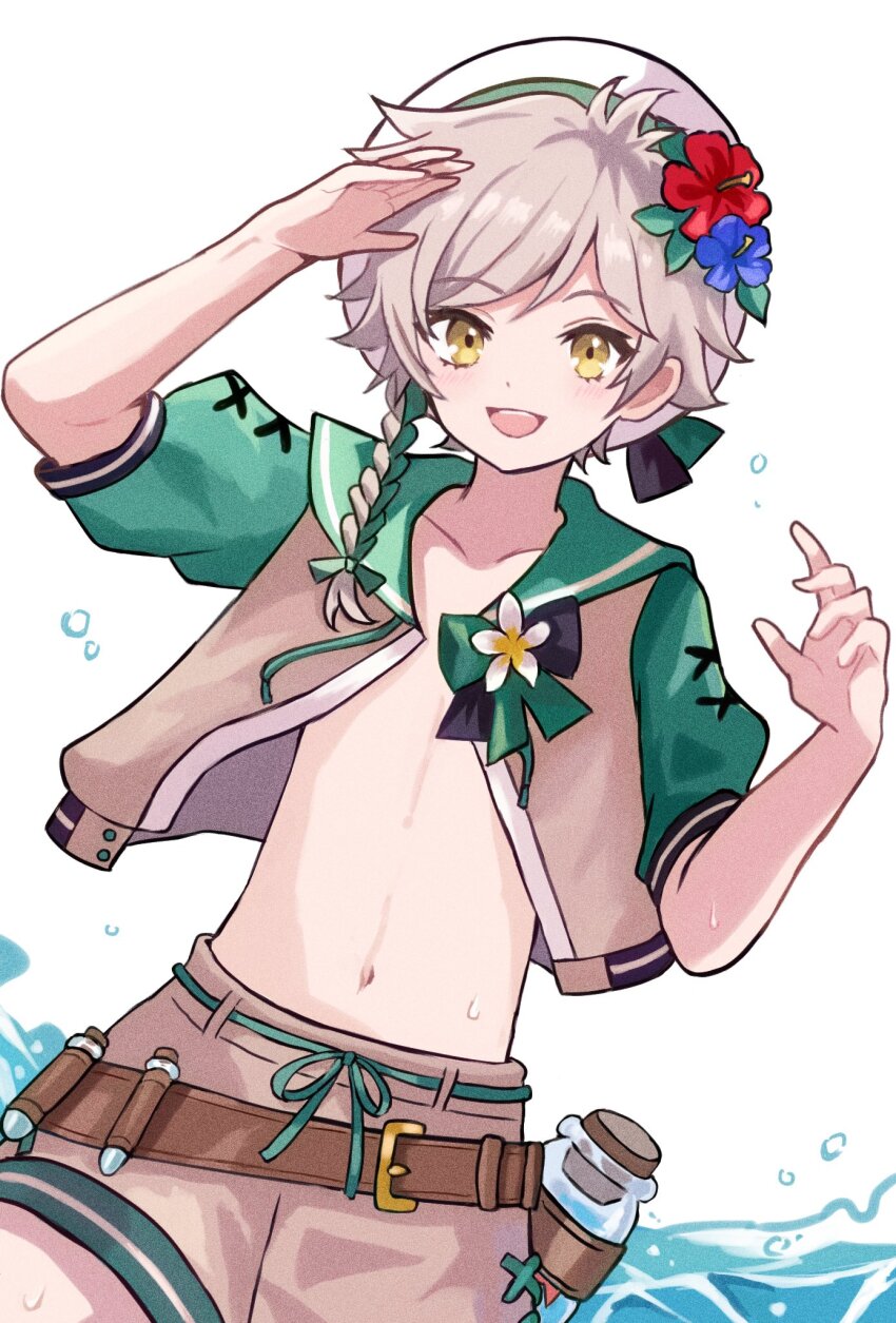 1boy, braid, clanne_(fire_emblem), clanne_(summer)_(fire_emblem), fire_emblem, fire_emblem_engage, fire_emblem_heroes, flower, grey_hair, hair_flower, hair_ornament, highres, jar, male_focus, male_swimwear, navel, nintendo, official_alternate_costume, single_braid, solo, swim_trunks, topless_male, vial, water, white_background, yellow_eyes, yuurururun
