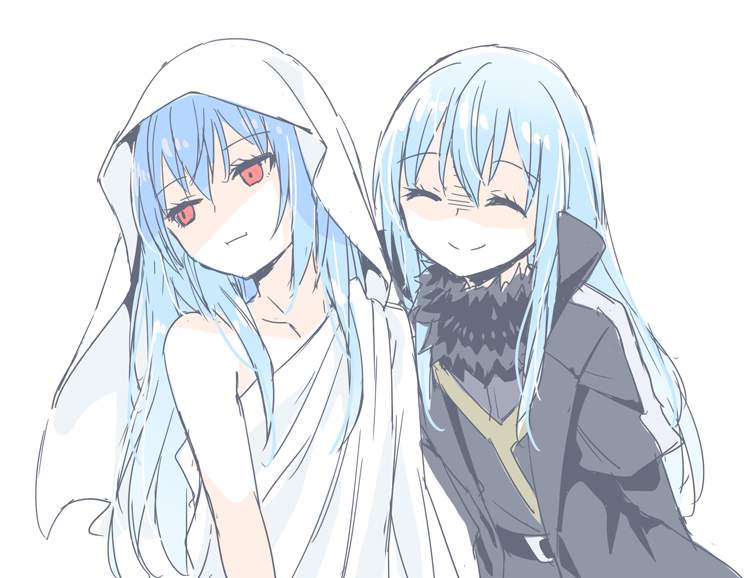 black_scarf, black_shirt, blue_hair, ciel_(tensura), closed_eyes, red_eyes, rikori_e, rimuru_tempest