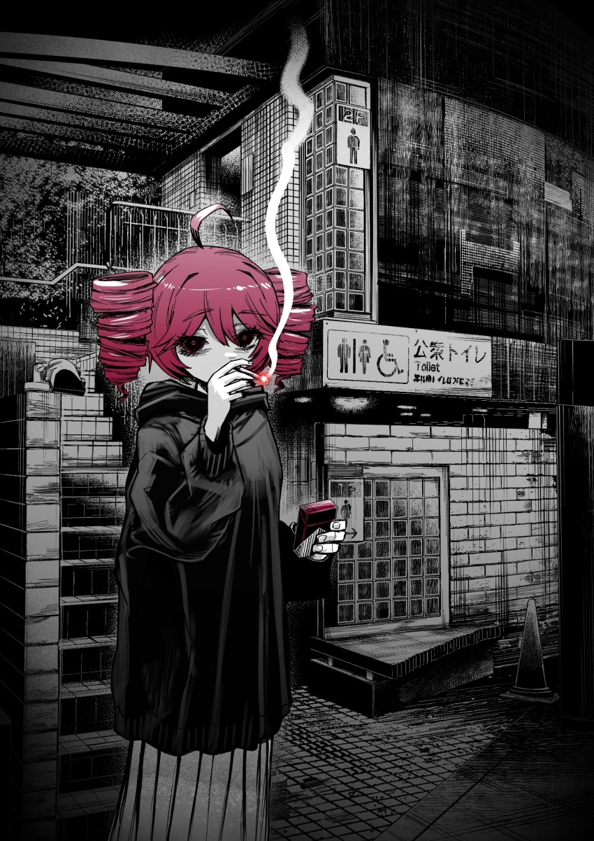 1girl, ahoge, black_eyes, black_hoodie, blank_stare, cigarette, cigarette_pack, commentary_request, cowboy_shot, drill_hair, hand_up, highres, holding, holding_cigarette, hood, hood_down, hoodie, jinba_(jinbarta2), kasane_teto, long_skirt, long_sleeves, monochrome, outdoors, pleated_skirt, red_eyes, red_hair, red_pupils, short_hair, skirt, smoke, smoking, solo, spot_color, stairs, standing, traffic_cone, twin_drills, twintails, urban, utau