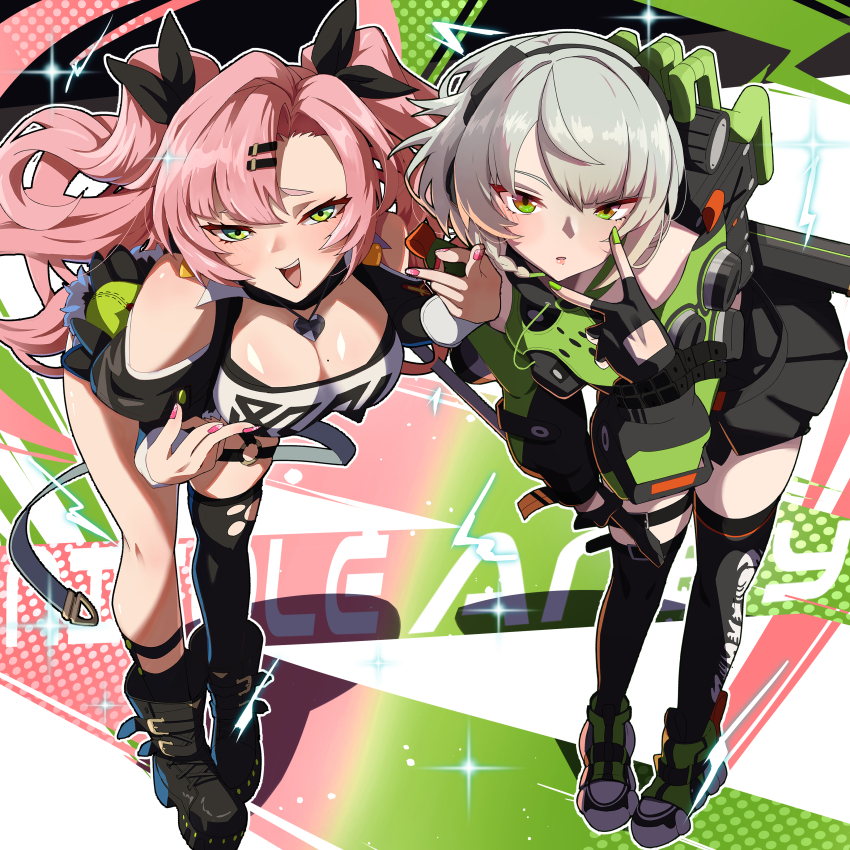 >_<, 2girls, absurdres, anby_demara, armor, bangboo_(zenless_zone_zero), bent_over, black_footwear