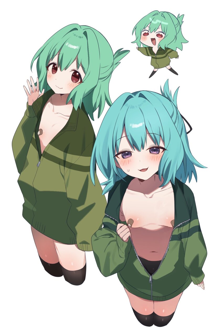 1boy, :3, aqua_hair, bandaid, bandaids_on_nipples, black_thighhighs, blush, chibi, chibi_inset, collarbone, commentary, cowboy_shot, cropped_legs, flashing, green_jacket, hair_intakes, hashtag-only_commentary, highres, jacket, looking_at_viewer, male_focus, male_with_breasts, medium_hair, multiple_views, navel, nyaru_(ill_naru), open_clothes, open_jacket, otori_tan, partially_unzipped, pasties, red_eyes, seitokai_ni_mo_ana_wa_aru!, simple_background, smile, sweatdrop, tareme, thighhighs, trap, white_background