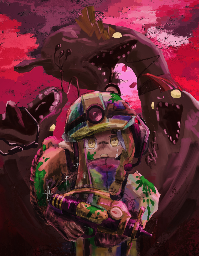 1girl, absurdres, blank_eyes, cloud, cohozuna_(splatoon), commentary, crying, floating, gun, highres, holding, holding_gun, holding_weapon, horrorboros, inkling_girl, inkling_player_character, jumpsuit, megalodontia_(splatoon), mining_helmet, nintendo, oekaki_mog, open_mouth, red_sky, salmon_run_(splatoon), scared, sharp_teeth, sky, splash-o-matic_(splatoon), splatoon_(series), splatoon_3, standing, streaming_tears, untranslatable_commentary, tears, teeth, wavy_mouth, weapon, yellow_eyes