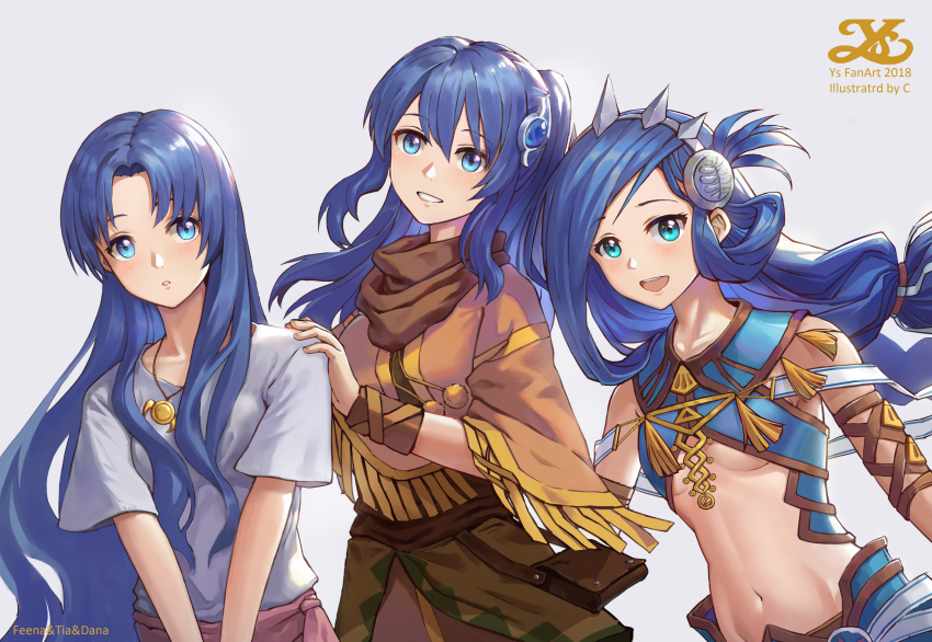 3girls, absurdres, ancient_ys_vanished, blue_eyes, blue_hair, breasts, brown_scarf, character_name
