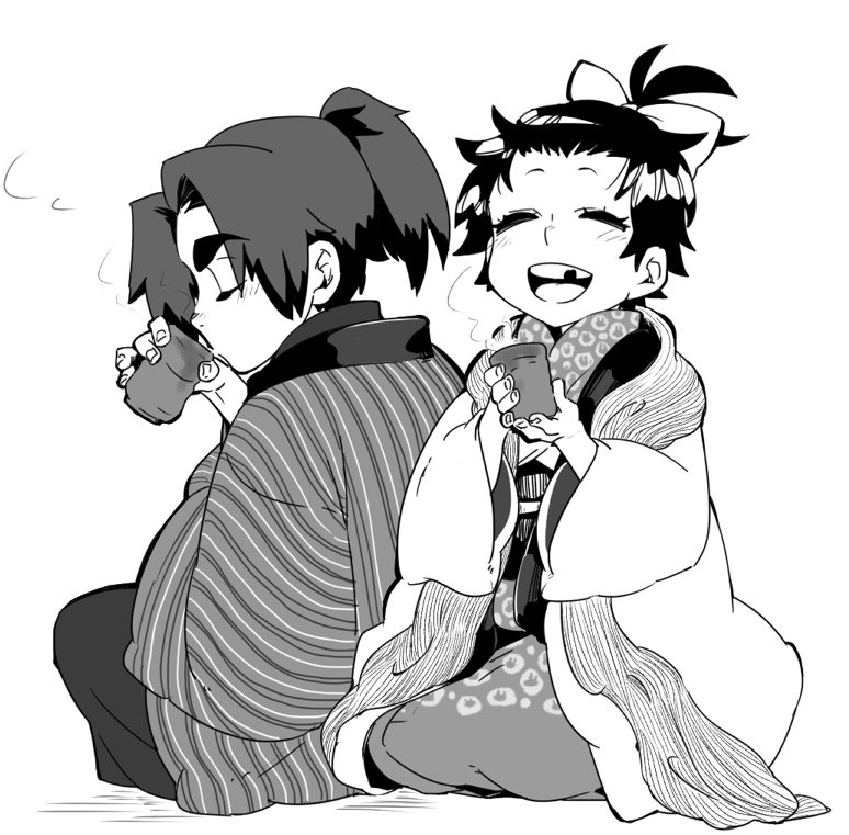 1boy, 1girl, bow, chipped_tooth, cup, drinking, greyscale, hair_bow