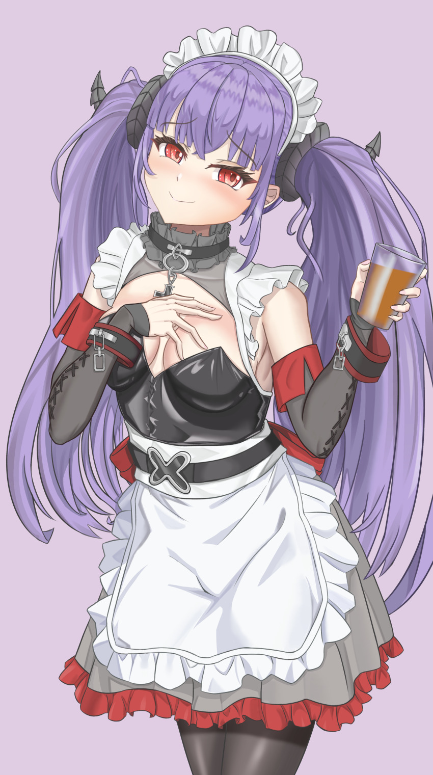 1girl, absurdres, alternate_costume, apron, azur_lane, black_horns, black_pantyhose, breasts