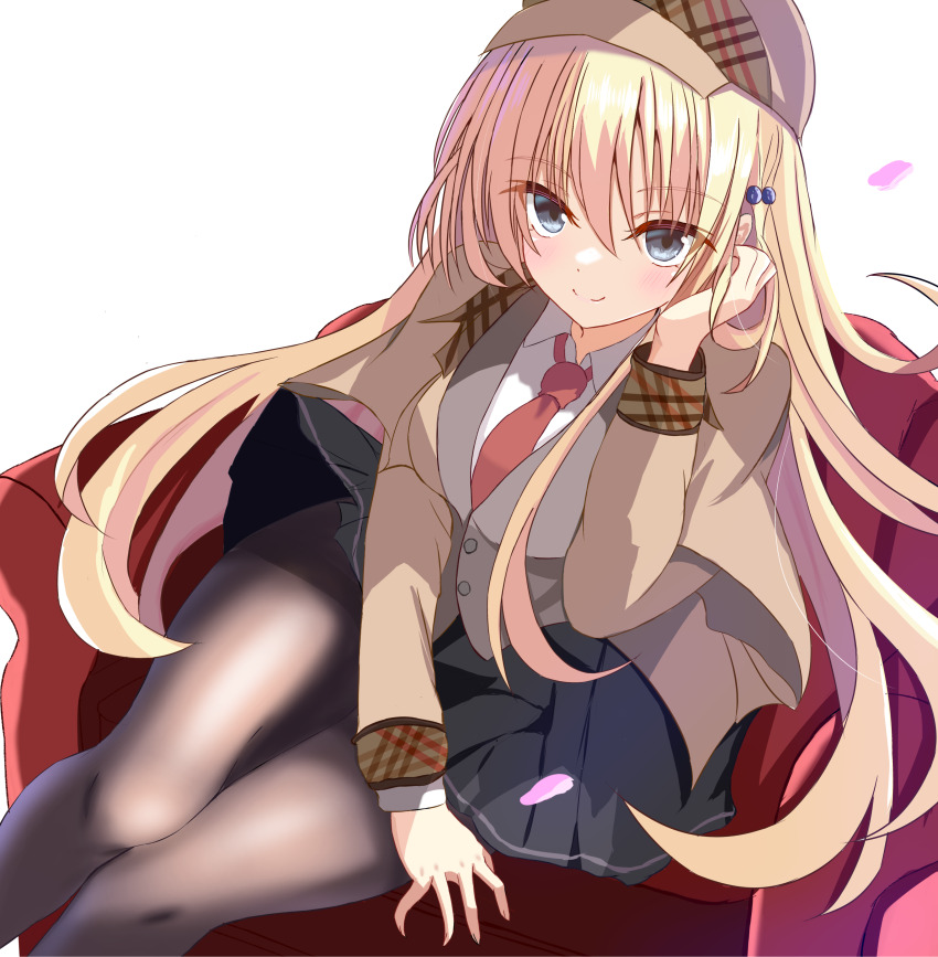 1girl, 2024, absurdres, adjusting_hair, armchair, black_pantyhose, black_skirt, blonde_hair