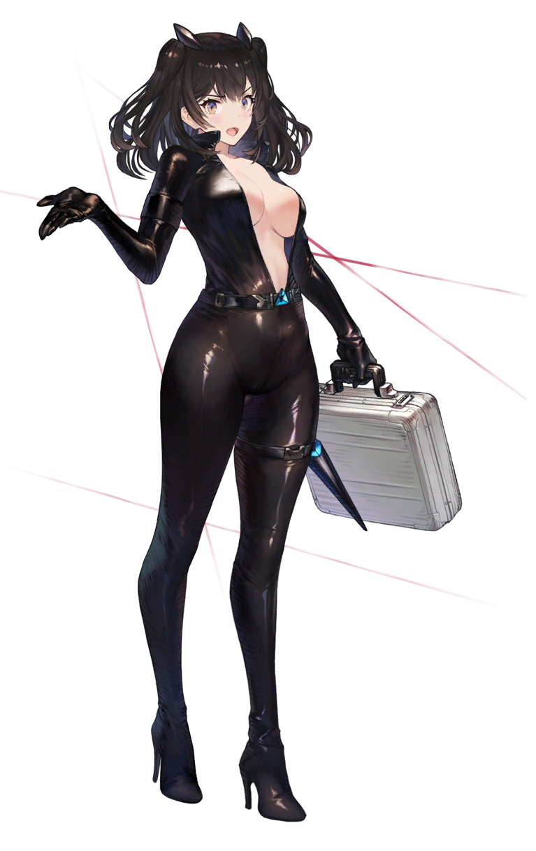 1girl, belt, black_bodysuit, black_hair, bodysuit, breasts, briefcase, brown_dust_(series)