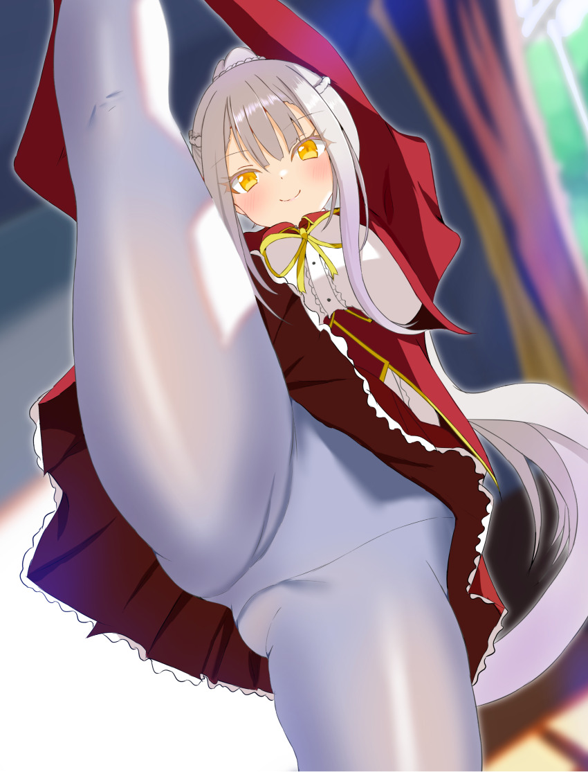 1girl, 2024, absurdres, animal_ears, arms_up, blunt_bangs, blurry, blurry_background, blush, braid, c:, center_frills, clarice_clawnya, closed_mouth, colored_eyelashes, commentary_request, dated_commentary, day, foreshortening, frilled_skirt, frills, from_below, gluteal_fold, grey_hair, happy_live_show_up!, highres, indoors, juliet_sleeves, kneepits, leg_lift, long_hair, long_sleeves, looking_at_viewer, looking_down, miniskirt, panties, panties_under_pantyhose, pantyhose, pleated_skirt, ponytail, puffy_sleeves, red_skirt, ribbon, sakuratoru, shirt, sidelocks, skirt, smile, solo, split, split_mouth, standing, standing_on_one_leg, standing_split, thighs, tsurime, underwear, very_long_hair, white_panties, white_pantyhose, white_shirt, window, yellow_eyes, yellow_ribbon