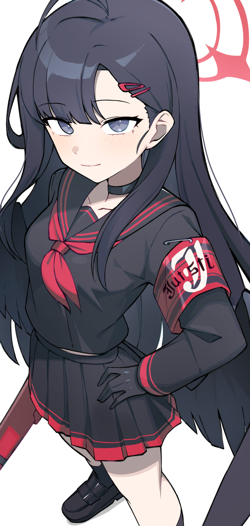 1girl, absurdres, armband, black_choker, black_footwear, black_gloves, black_hair, black_sailor_collar, black_serafuku, black_shirt, black_skirt, black_wings, blue_archive, choker, closed_mouth, collarbone, commentary_request, feathered_wings, foreshortening, gloves, grey_eyes, hair_ornament, hairclip, halo, hand_on_own_hip, highres, holding, holding_weapon, ichika_(blue_archive), light_blush, lil_monster_(zbuta_turatan), long_hair, long_sleeves, looking_at_viewer, low_wings, midriff_peek, miniskirt, neckerchief, pleated_skirt, red_armband, red_halo, red_neckerchief, sailor_collar, school_uniform, serafuku, shirt, simple_background, skirt, smile, solo, weapon, white_background, wings