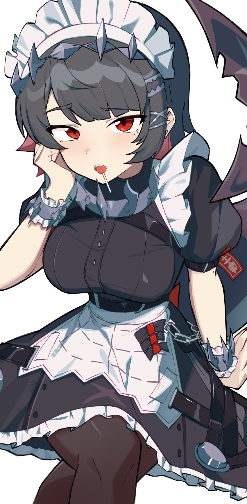 1girl, absurdres, black_dress, black_hair, black_pantyhose, candy, colored_inner_hair, commentary_request