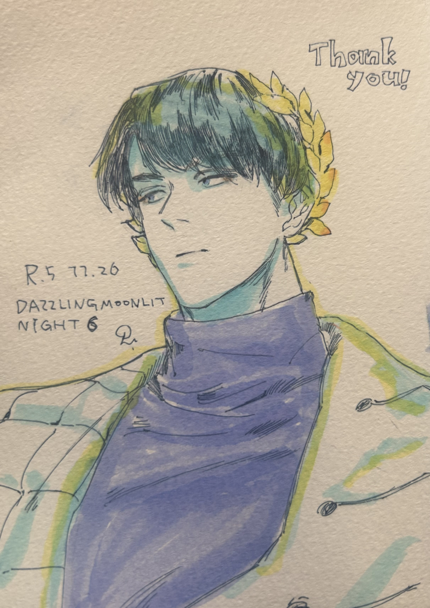 1boy, absurdres, ballpoint_pen_(medium), black_hair, blue_sweater, closed_mouth, dated, dazzling_moonlit_night