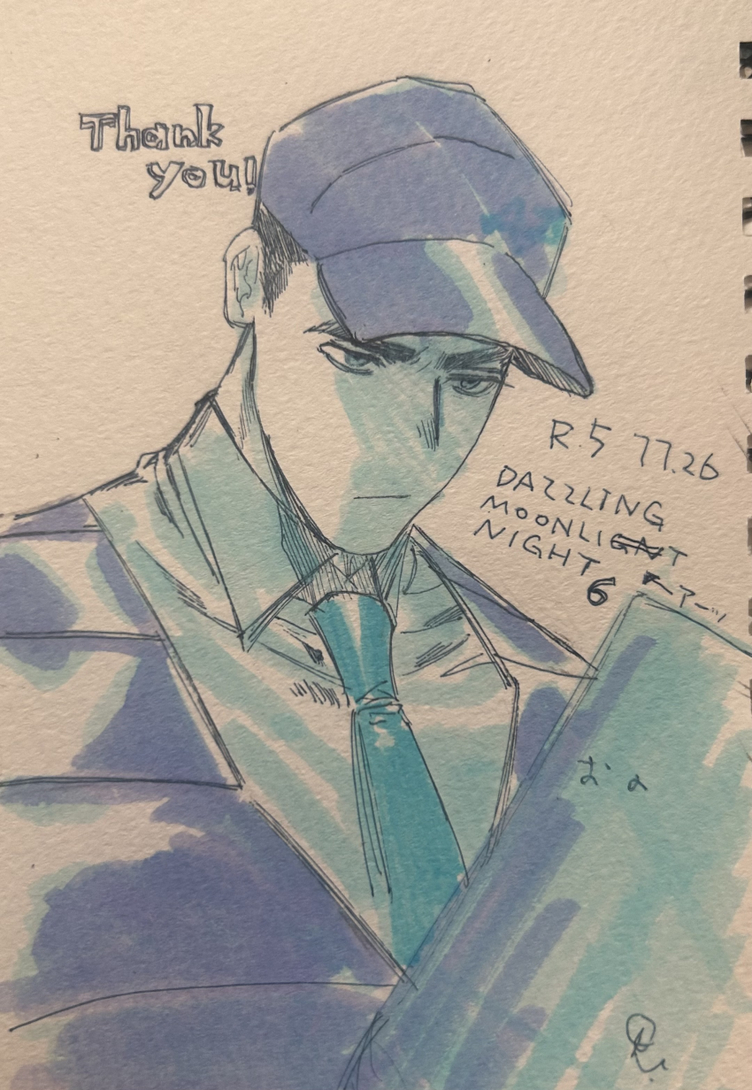 1boy, absurdres, ballpoint_pen_(medium), baseball_cap, black_hair, black_vest, blue_hat, blue_necktie