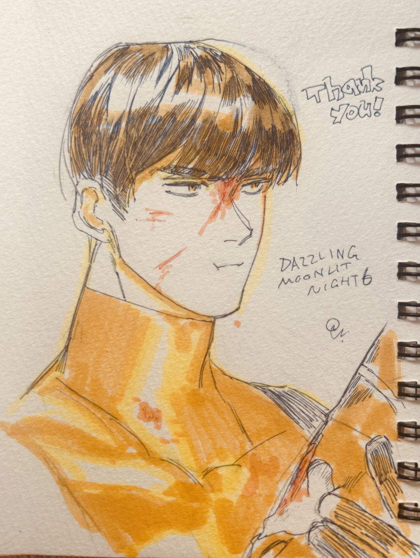 1boy, absurdres, ballpoint_pen_(medium), black_hair, blood, blood_on_clothes, blood_on_face, bodysuit