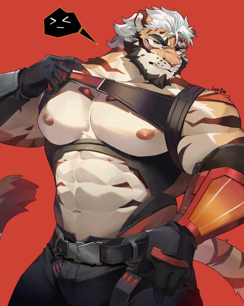 >_<, 1boy, abs, animal_ears, bara, beard, belt, black_gloves, black_pants, bulge, chest_harness, cowboy_shot, da_luode, facial_hair, fang, framed_crotch, full_beard, furry, furry_male, gloves, hand_on_own_hip, harness, harness_belt, harness_pull, highres, large_pectorals, looking_at_viewer, male_focus, multicolored_fur, muscular, muscular_male, navel, orange_fur, pants, parted_lips, pectorals, pulling_own_clothes, red_background, scar, scar_on_face, scar_on_nose, signature, simple_background, solo, spoken_expression, tail, tiger_boy, tiger_ears, tiger_stripes, tiger_tail, tokyo_houkago_summoners, vambraces, white_fur, white_hair, willie_wildcat_(housamo)