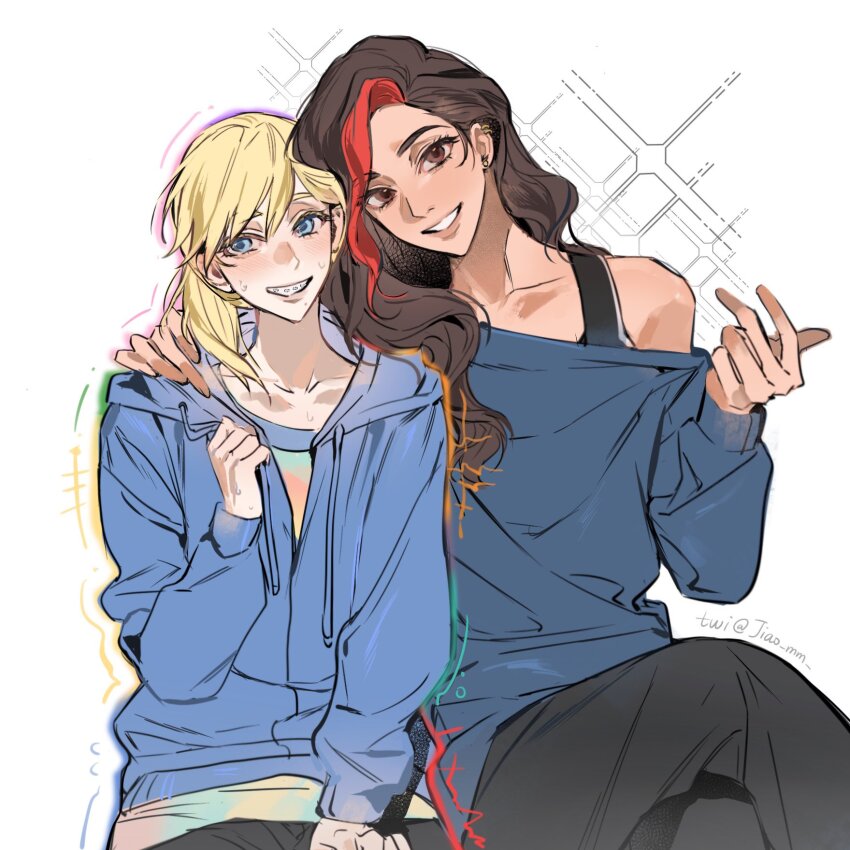 2girls, arm_hug, black_pants, blonde_hair, blue_eyes, blue_jacket, blue_shirt, braces