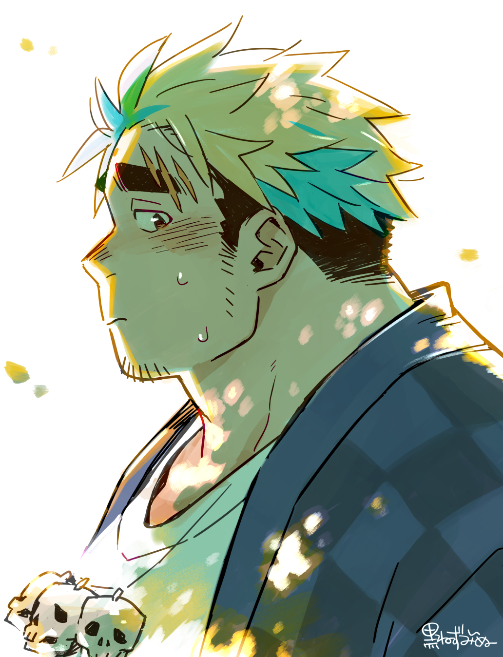 1boy, aqua_hair, backlighting, bara, black_hair, blonde_hair, blush, checkered_clothes